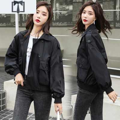 SUNTEK2021新款潮春秋短款小个子外套女韩版宽松bf工装风衣百搭夹克上衣风衣
