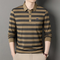 秋季新款条纹男士polo衫中年商务休闲翻领印花真口袋爸爸装