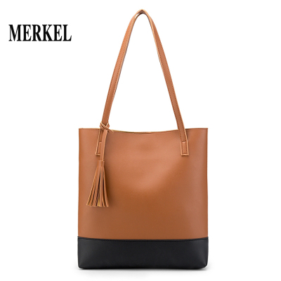 莫尔克（MERKEL）新款简约时尚女士单肩女包韩版拼接大包流苏托特包