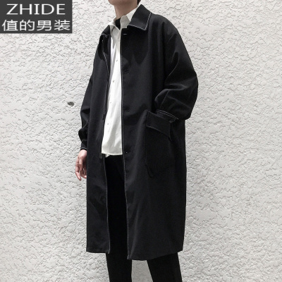 SUNTEK2020秋季新款酷感帅气明线风衣大衣潮男宽松暗黑单排扣风衣中长款风衣