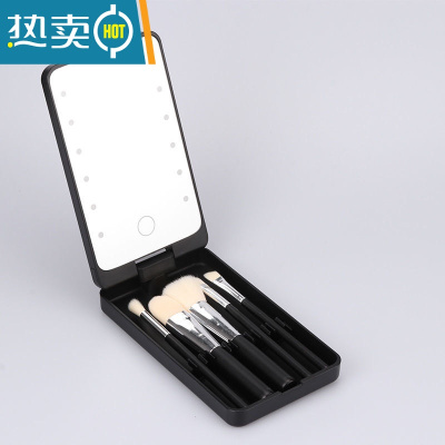 敬平高清led化妆镜带灯化妆笔网红补光迷你手持式折叠便携随身小镜子便携式用镜 充电款黑色+5支化妆笔