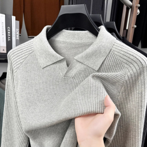 菠萝纹海鸥领纯棉长袖针织衫毛衣T恤男士春秋新款休闲翻领polo衫