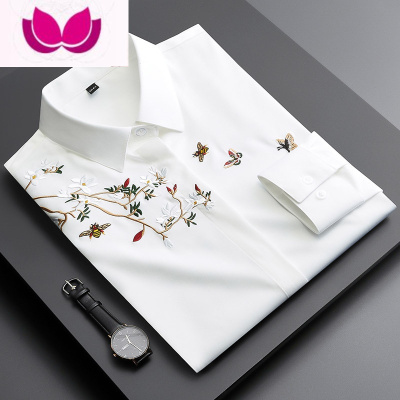七斓中国风刺绣长袖修身春季日常潮流气质潮男士新款衬衫纯色时尚原宿