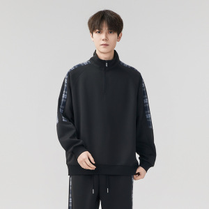 休闲运动格子卫衣男士春秋季新款潮流立领套头半拉链上衣男女同款