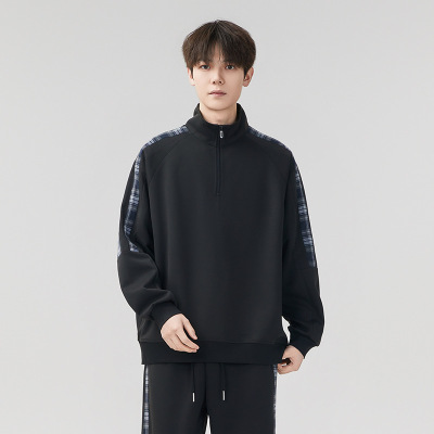 休闲运动格子卫衣男士春秋季新款潮流立领套头半拉链上衣男女同款