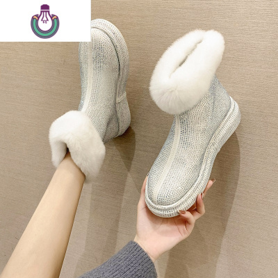 FISHBASKET重工雪地靴女2020新款冬季加厚绒满天星棉鞋烫满水钻防滑厚底短靴靴子