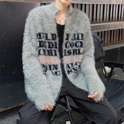 男装新款毛衣美式复古字母提花情侣开衫毛衣男士慵懒风针织衫外套