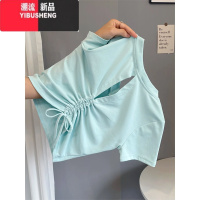 YIBUSHENGV领短袖t恤女季2024新款设计感小众漏背绑带短款上衣潮