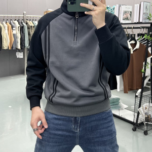 秋冬新款半拉链加绒加厚卫衣男秋冬潮流拼接立领上衣服男士打底衫