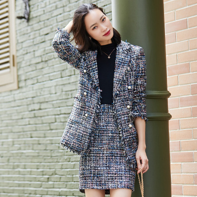 女先生职业女裙套装长袖格子西装外套女2020新款秋冬韩版显瘦英伦风粗花毛呢休闲小西服套裙通勤OL工作服