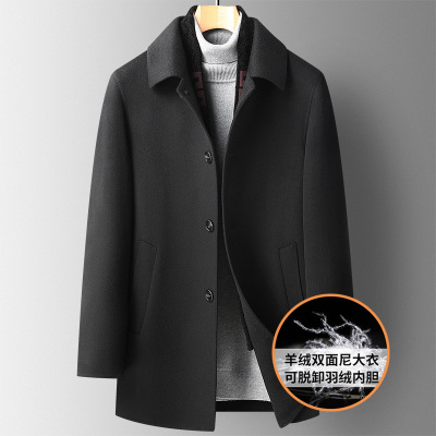 中老年高品质鹅绒内胆双面呢羊绒大衣活里活面毛呢外套围巾款大衣