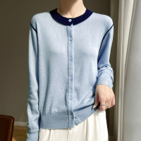 韩系撞色小衫圆领桑蚕丝羊毛针织女春秋薄款显瘦长袖开衫外套