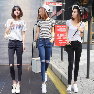 破洞牛仔裤女黑色高腰九分裤小脚铅笔裤紧身春夏2021新款韩版显瘦轻奢世家