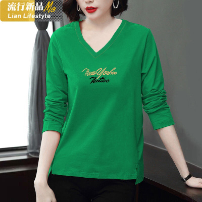 恋名媛长袖t恤女士新款秋季V领不对称宽松大码冬装绿体恤上衣服打底衫潮大码女装
