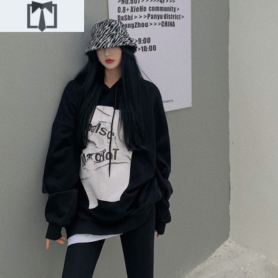 SUNTEK黑色字母印花中长款连帽卫衣女秋冬加绒加厚灰色宽松设计感假两件卫衣