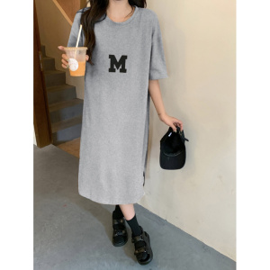 夏季新款大码女装胖mm宽松遮肚打底衫女显瘦长款过膝T恤连衣裙子