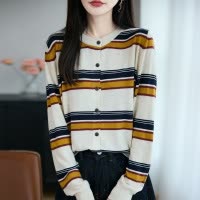 精纺羊毛圆领针织开衫长袖女秋季新款拼色条纹开衫宽松百搭上衣女