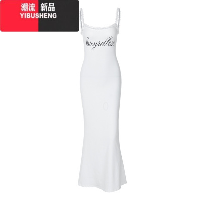 YIBUSHENG高街欧美ins字母印花吊带长裙连衣裙甜辣御姐蕾丝拼接包臀鱼尾裙