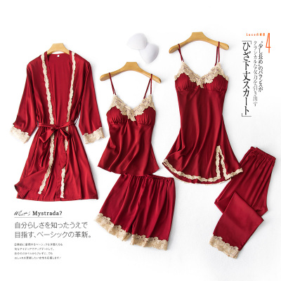 Ideamini火爆带胸垫春秋睡衣女性感五件套装丝绸薄款睡裙夏季冰丝女士睡袍