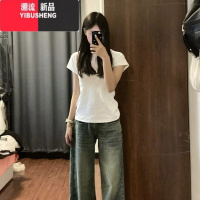 YIBUSHENG设计感小众正肩短袖t恤女季美式辣妹短款修身百搭体恤上衣