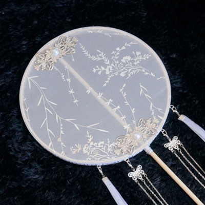 长柄团扇宫扇烫金流苏挂饰古风汉服长流苏宫廷团扇三维工匠白柳3号双珍珠凤冠（双流苏A）扇子