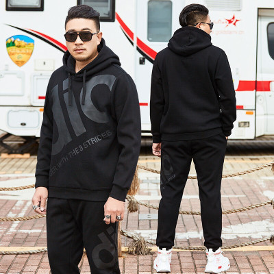 珂卡慕(KEKAMU)大码男装春季加肥连帽胖子潮流休闲运动胖人肥佬卫衣套装黑色