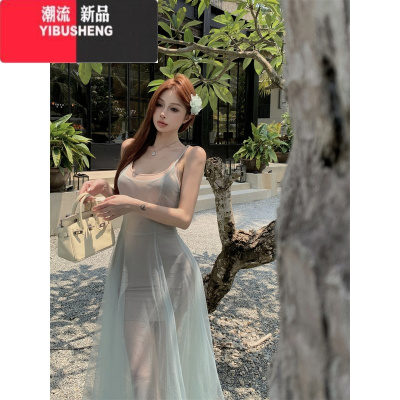 YIBUSHENG纯欲性感网纱吊带连衣裙仙女季蓝色收腰a字裙度假风花苞长裙子