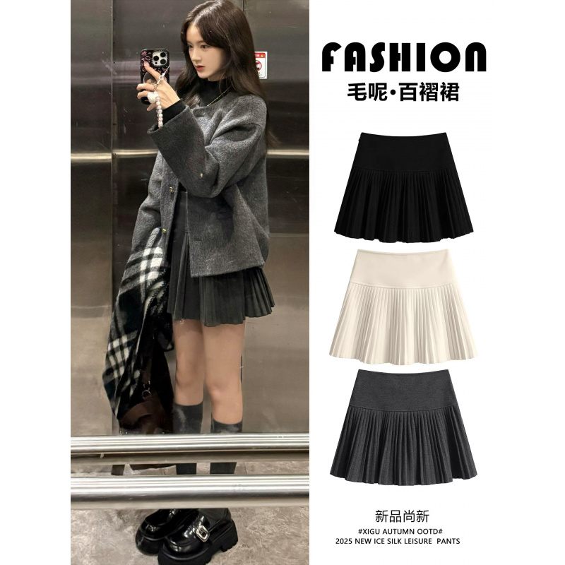 灰色百褶裙女新款秋冬季jk短裙高腰a字羊毛半裙毛呢半身裙子