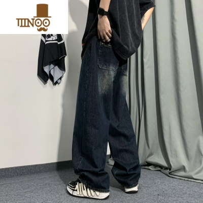 YANXU水洗做旧牛仔裤男款美式高街复古宽松阔腿裤痞帅街头垂感休闲长裤