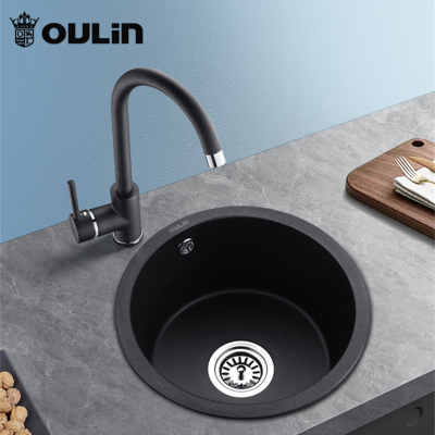 欧琳(OULIN)水吧台水槽单槽小尺寸岛台小水槽黑色石英石水槽圆形水槽S101-01_410mm