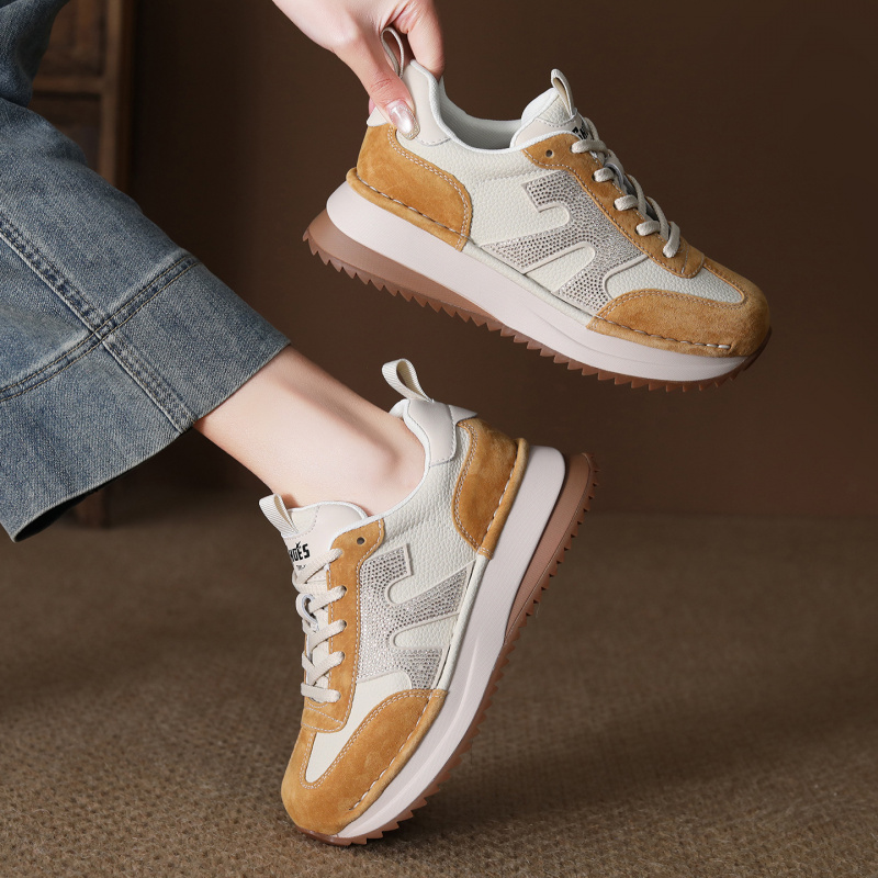 真皮单鞋女2026春季新款松糕底底拼接圆头系带百搭舒适休闲运动鞋