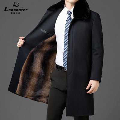 冬季男士大衣仿皮草内胆外套男装长款加绒大衣爸爸装商务呢子大衣