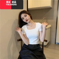 YIBUSHENG莱茵蓝色修身短袖t恤女季设计感小众新款显瘦辣妹短款上衣小衫