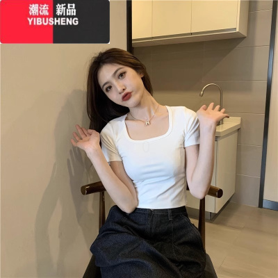 YIBUSHENG莱茵蓝色修身短袖t恤女季设计感小众新款显瘦辣妹短款上衣小衫