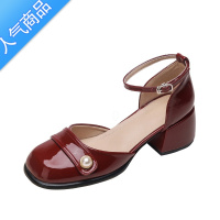 SUNTEK包头凉鞋女款夏季配裙子百搭法式透气单鞋一字扣酒红色夏款高跟鞋