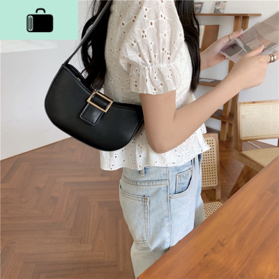 腋下包包女2020新款法式小众设计复古百搭手提单肩包女半圆法棍包NEW LAKE 黑色女士单肩包