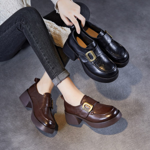 春季棕色真皮乐福鞋女厚底粗跟深口单鞋复古英伦风女士小皮鞋