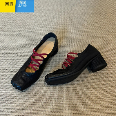 聚范皮版~复古小众交叉绑带单鞋褶皱方头猪鼻子浅口芭蕾舞鞋女