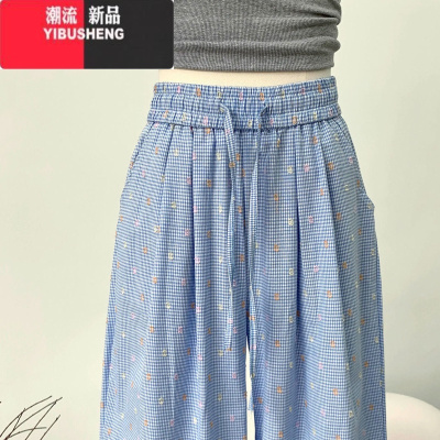 YIBUSHENG海盐苏打日多巴胺格纹波点阔腿休闲裤女抽绳直筒裤遛弯长裤