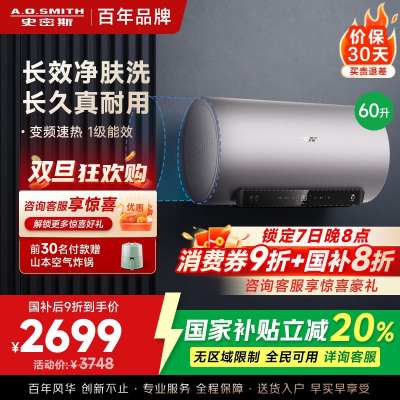 AO史密斯电热水器60升 短款 国家补贴 80吨长效净水洗 免清洗 3kW变频速热 金圭特护 E60ED6-B