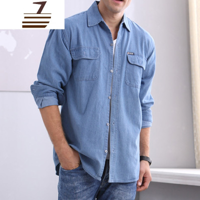 NEWLAKE秋春中年男士牛仔衬衫长袖宽松加大码工作服外套上衣中长款男