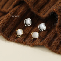 小香风几何菱形白猫眼石耳钉女s925纯银百搭高级感轻奢方糖耳饰潮送女朋友老婆情人节七夕生日礼物