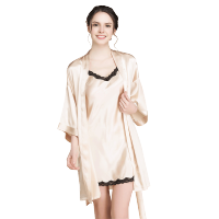 美帮汇新款100桑蚕丝性感吊带睡袍女士真丝睡衣两件套装蕾丝花