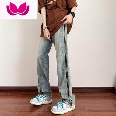 七斓欧美vibe裤子高街潮ins美式拉链牛仔裤男直筒修身开叉微喇裤
