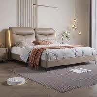 意式真皮床轻奢现代简约双人床主卧室带灯实木储物床家用软包婚床