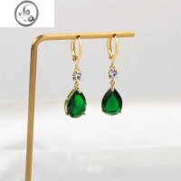 JiMi超闪祖母绿水晶水滴耳扣女2022新款小众设计耳饰气质百搭轻奢耳环