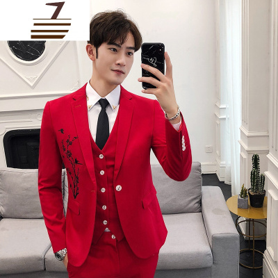 NEWLAKE主持人绣花西服套装男士红色西装三件套司仪礼服新郎伴郎团服装