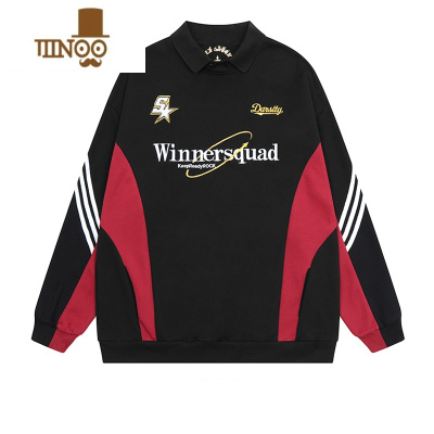 YANXU美式复古字母刺绣拼色宽松长袖polo衫卫衣男女潮牌ins高街薄外套