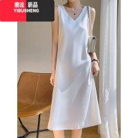 YIBUSHENG高级感赫本小黑裙春吊带连衣裙女无袖缎面中长款纯色内搭长裙子
