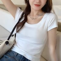 人棉260克纯色短袖T恤女夏季低圆领修身正肩显瘦锁骨上衣新款INS